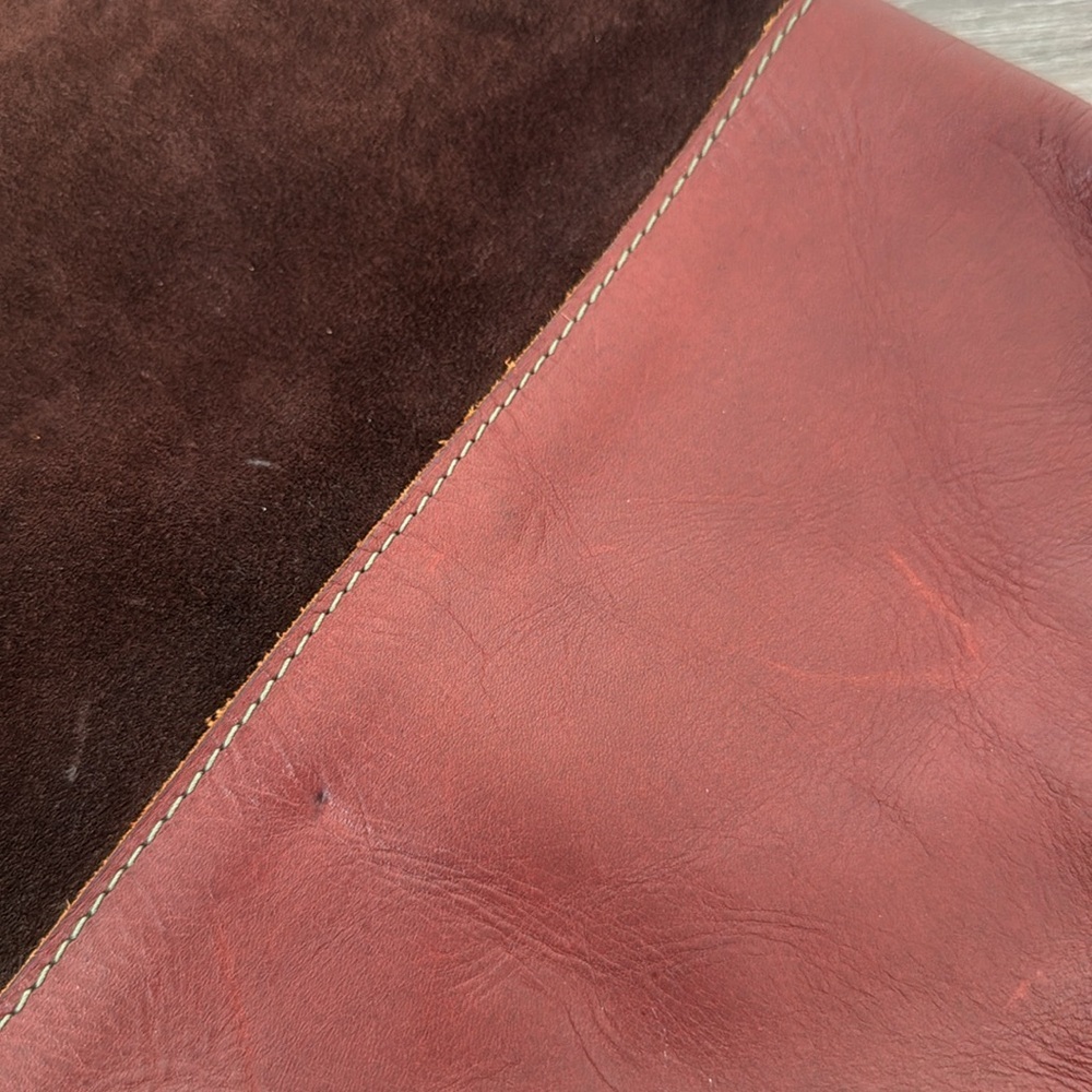 Handmade Suede and Leather Brown and Burgundy Fold Over Slouchy Bucket Bag - Picture 14 of 14